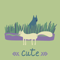 Vector concept  with cute cats and flowers  in soft colors on a green background, great for printing or textile design.Flat,hand drawn