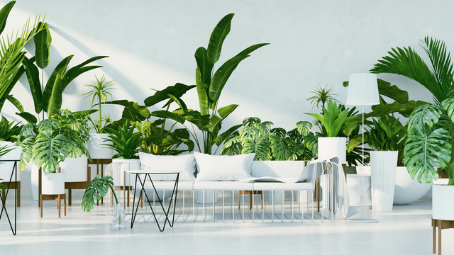 Botanical interior - Tropical design living room / 3D render image
