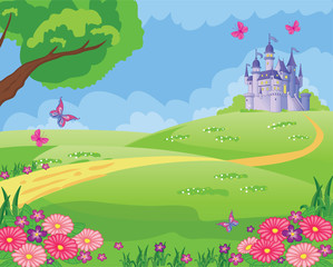 Fairy tale background with flower meadow, Princess's castle and butterflies. Wonderland. Cartoon, children's illustration. Fabulous landscape. Beautiful Park or garden. Vector.