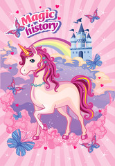 Fairytale background with rainbow and castle for Princess. Beautiful unicorn in the clouds.  Fabulous landscape with magic horse or pony. Children's illustration with animal. Wonderland. Vector. © penochka1