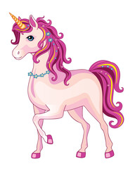 Pink unicorn on a white background. Illustration of a child. Magic. Vector. © penochka1