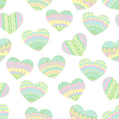 Seamless pattern of pastel colored hearts doodles for Valentine's day