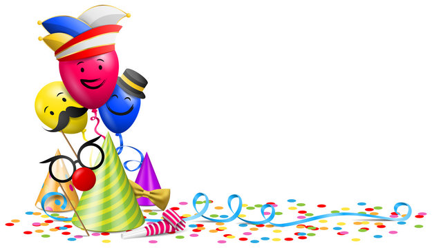 Karneval Fasching Vektor mit Konfetti, Luftballons und Partyhut