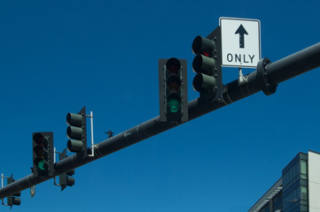 “Only Way is Up”. A confusing sign on traffic light structure by not facing traffic 
