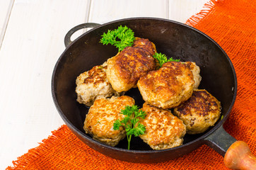 Dishes from meat. Cutlets in frying pan