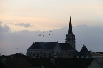 Birds flying above church at sunset