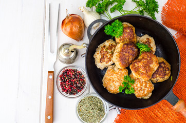 Dishes from meat. Cutlets in frying pan