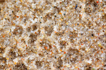 top view of the surface of the sand and small grains of sand, macro, background, texture