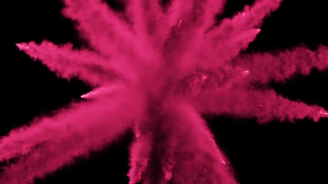 CG 3d animation of Colorful powder particles fly after being exploded against black background.