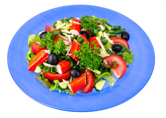 Vegetable salad with olives and crab sticks