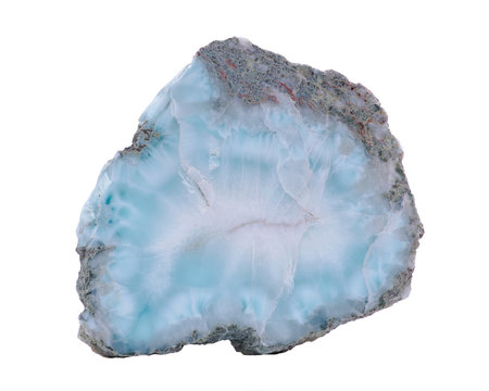 Rare Large Caribbean Blue Larimar Free Form Specimen from Dominican Republic, isolated on white background. Pectolite mineral class. Stefilia's Stone.