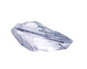 Clear quartz with Blue Tourmaline inclusions from Brazil isolated on white background