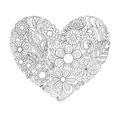 Flowers,leafs in hearted shape for print and adult coloring book,coloring page, colouring picture and other design element.Vector illustration