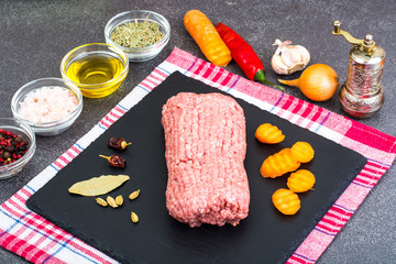 Minced meat, spices, herbs for cooking meat balls