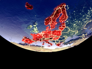 Satellite view of Schengen Area members from space at night. Beautifully detailed plastic planet surface with visible city lights.