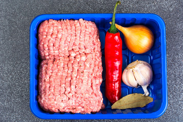Minced meat, spices, herbs for cooking meat balls