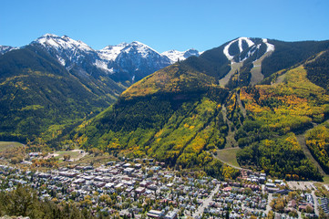 Rocky mountain ski town with fall foliage