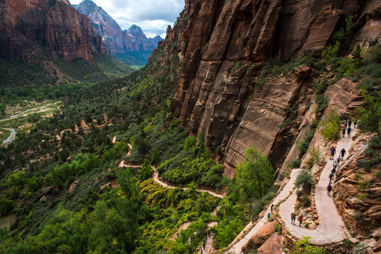 View of Angels Landing trail switchbacks; Zion National Park, Utah
