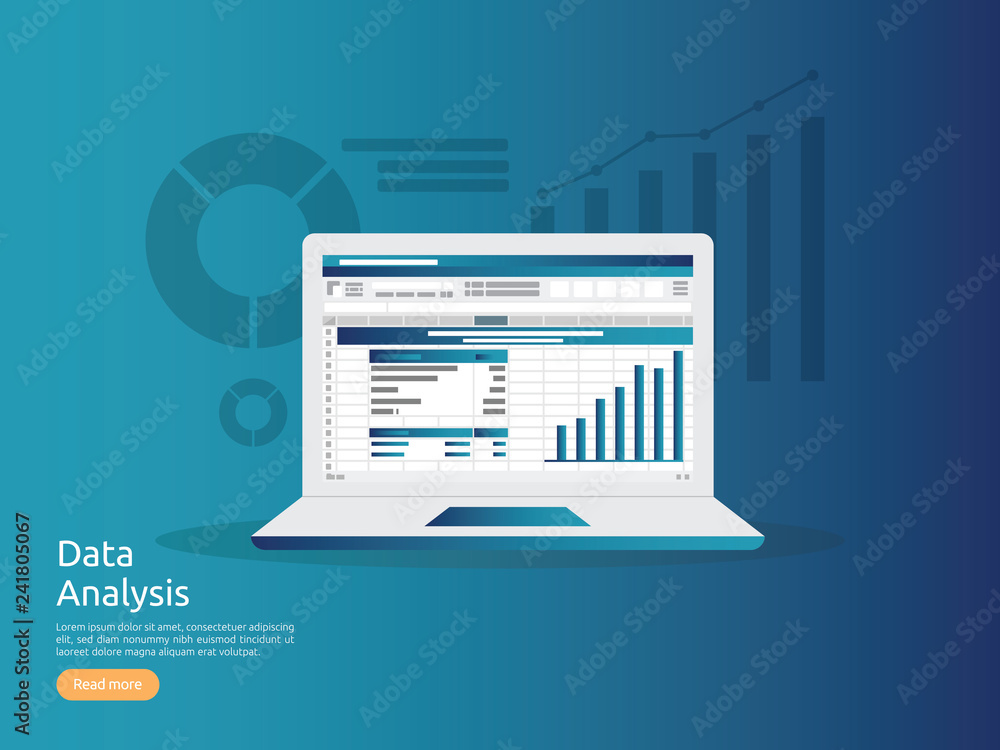 Poster big data analysis on screen. seo analytic, spreadsheet business audit with graphs charts. return on 