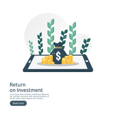 Return on investment ROI concept. business growth arrows to success. dollar stack pile coins and money bag. chart increase profit. Finance stretching rising up. banner flat style vector illustration.