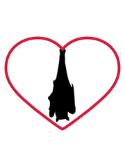 form liebe herz i love hängende fledermaus silhouette kopfüber decke oben schlafende süß niedlich umriss flughund design clipart