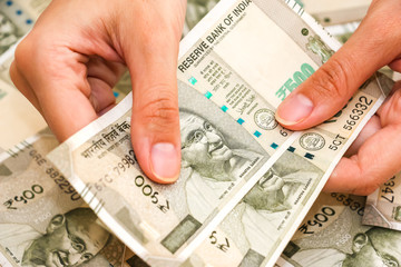 Female hands holding brand new 500 indian rupees banknotes.