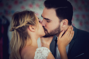 Beautiful model wedding couple in studio shop picture vintage style tone