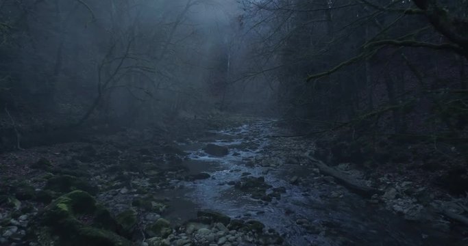 Foggy dark river - Aerial 4K