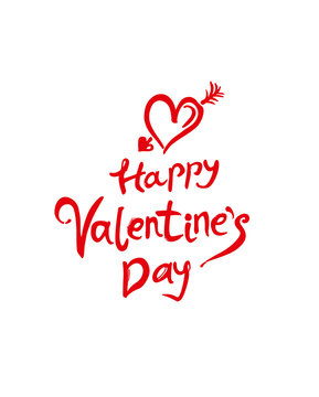 Happy Valentine's Day. Red handwritten inscription and heart arrow isolated on white. Sketch illustration for Valentine's day. Vector graphics imitation of drawing with a rough brush.

