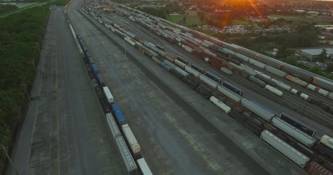 Aerial View of New Orleans Louisiana Train Yard at Sunset