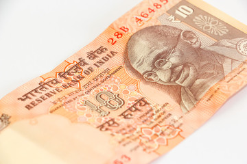 Close up view of brand new indian 10 rupees banknote.