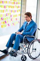 Young handsome man in wheelchair with many conflicting prioritie