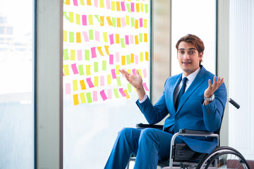 Young handsome man in wheelchair with many conflicting prioritie