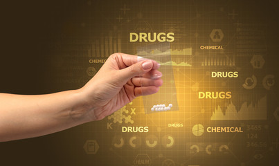 Naked hand gives chemicals in vacuum plastic bag with scholarly concept