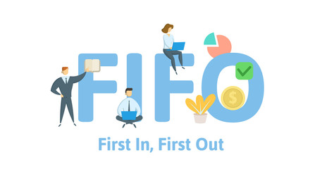 FIFO, first in, first out. Concept with keywords, letters and icons. Colored flat vector illustration. Isolated on white background.