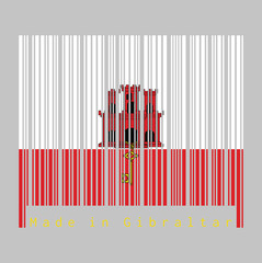 Barcode set the color of Gibraltar flag, White and red stripe with three towered and hangs a gold key, text: Made in Gibraltar.