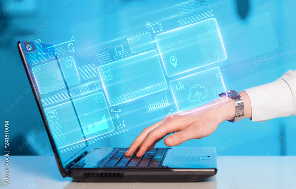 Poster hand using laptop with database reports and online work concept