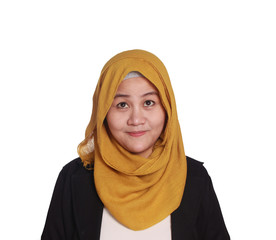 Asian muslim businesswoman wearing hijab with thinking expression. Isolated on white. Close up head and shoulders