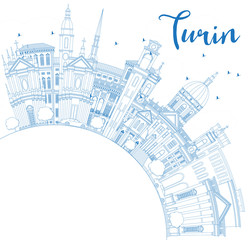 Outline Turin Italy City Skyline with Blue Buildings and Copy Space.
