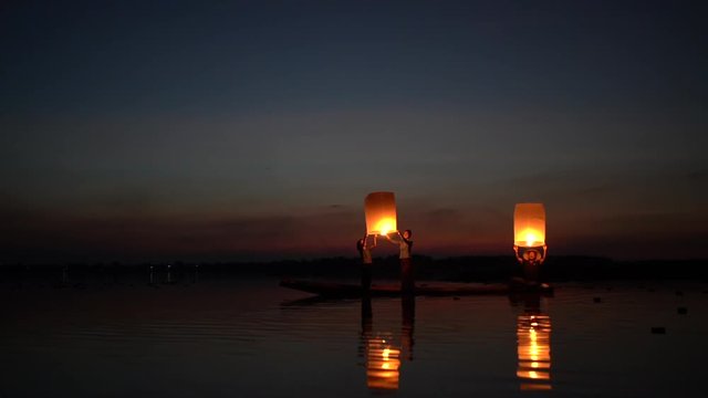 Slow Motion Lighting lamps festival loy krathong this is ancient culture of Thailand.