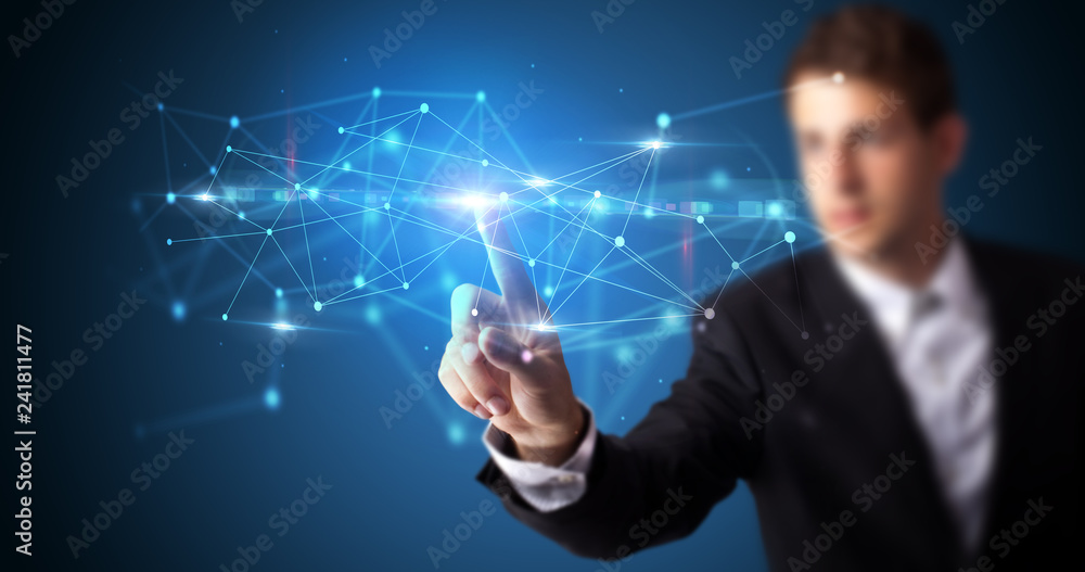 Aufkleber Man touching hologram screen displaying modern web system
