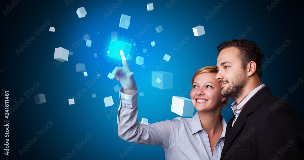 Poster man and woman touching hologram screen displaying cube symbols