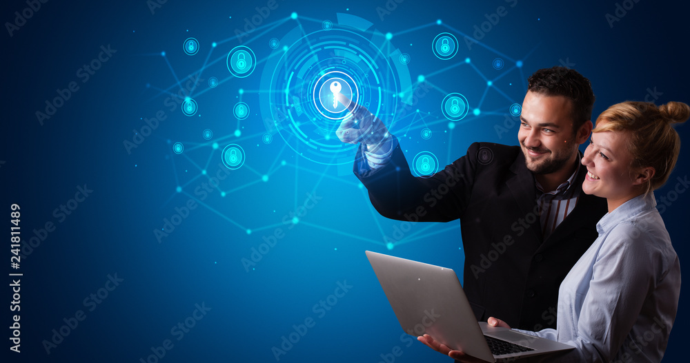 Poster Man touching hologram screen displaying keys and locks