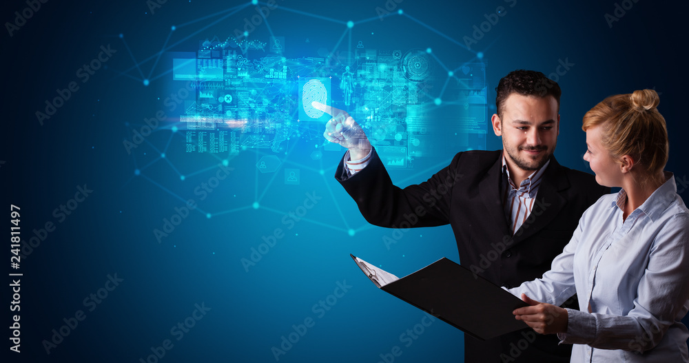 Poster man and woman accessing modern hologram personal database with fingerprint identification