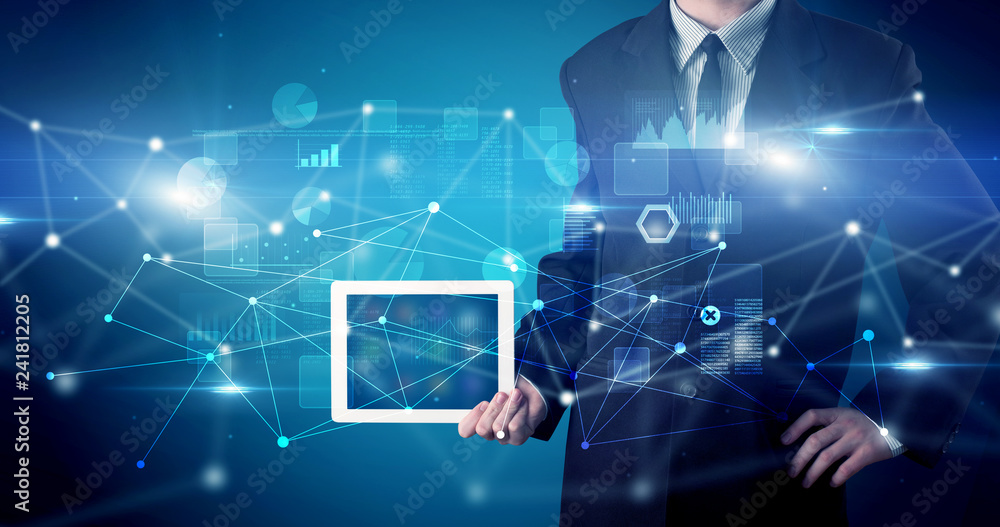 Poster elegant hand holding tablet with virtual database and network concept