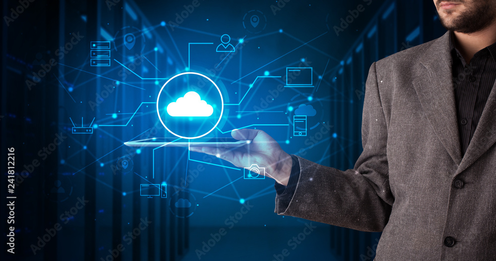 Poster formal hand in server room with virtual workspace concept