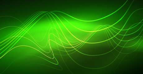 Abstract shiny glowinng color wave design element on dark background - science or technology concept