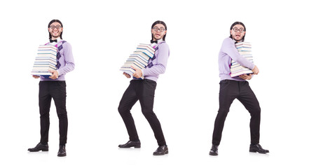 Obraz premium Funny student with books isolated on white