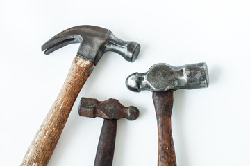 Hammer vintage head steel wood handle on white background