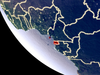 Orbit view of Equatorial Guinea at night with bright city lights. Very detailed plastic planet surface.